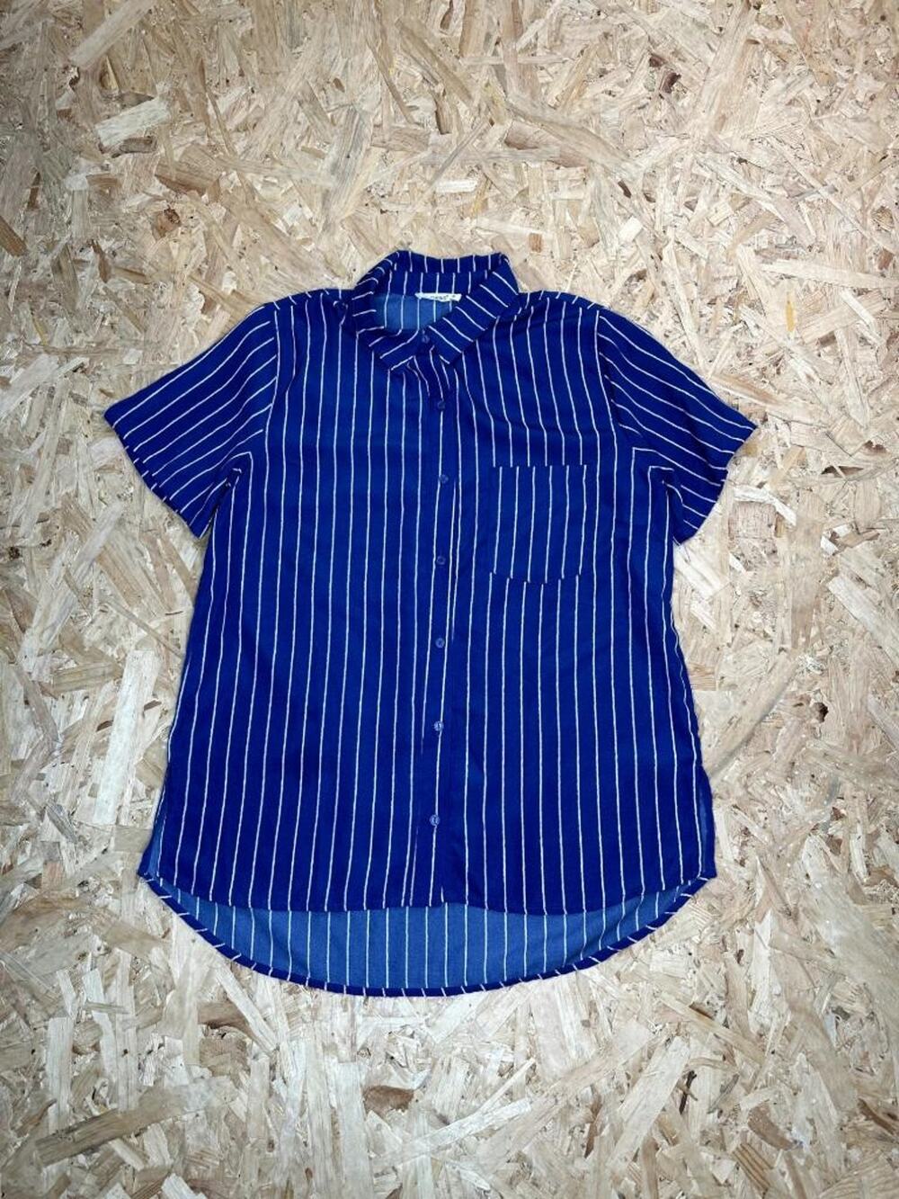 Timing Womens Blue White Striped Short Sleeve Button Up Shirt Size M High Low